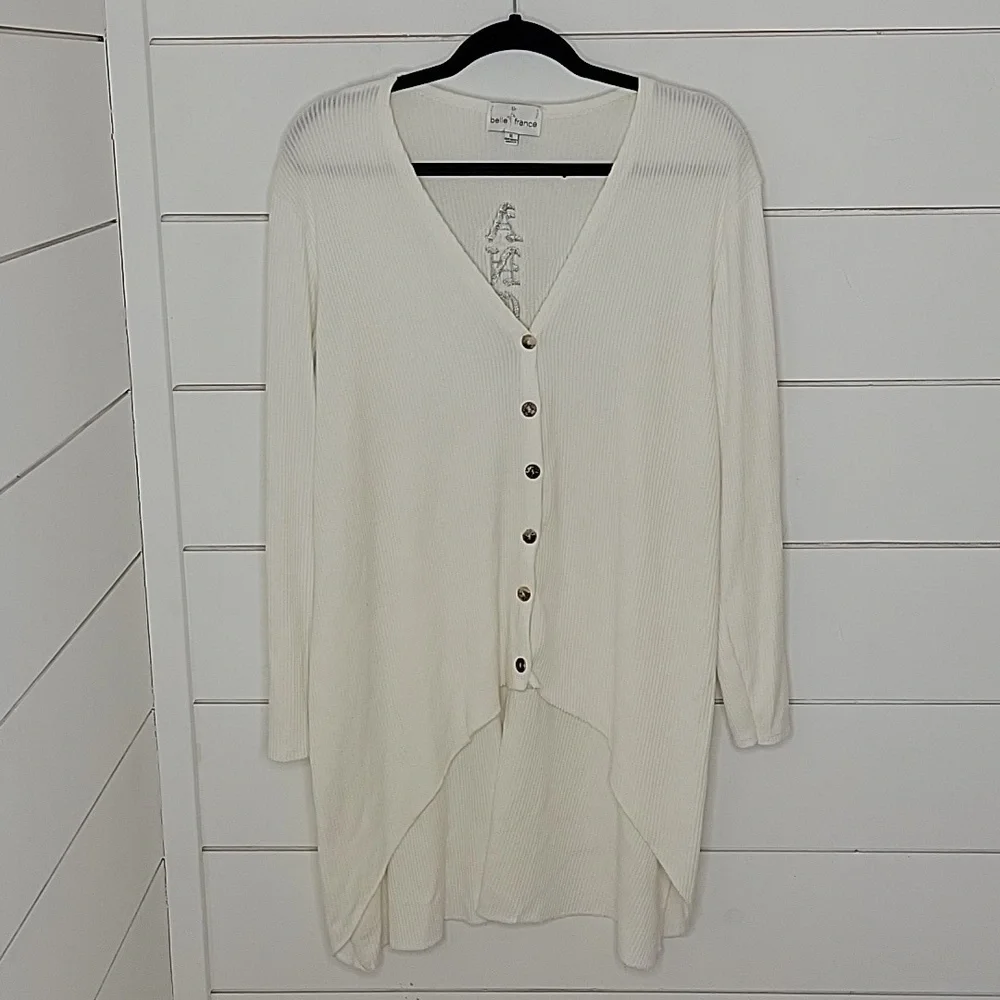BELLE FRANCE xl off white high low cardigan with angel embroidery and sequins - Picture 3 of 5